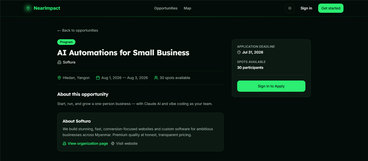 A NearImpact opportunity page showing an application deadline, available spots, a gated sign-in-to-apply button, and the posting organisation's profile
